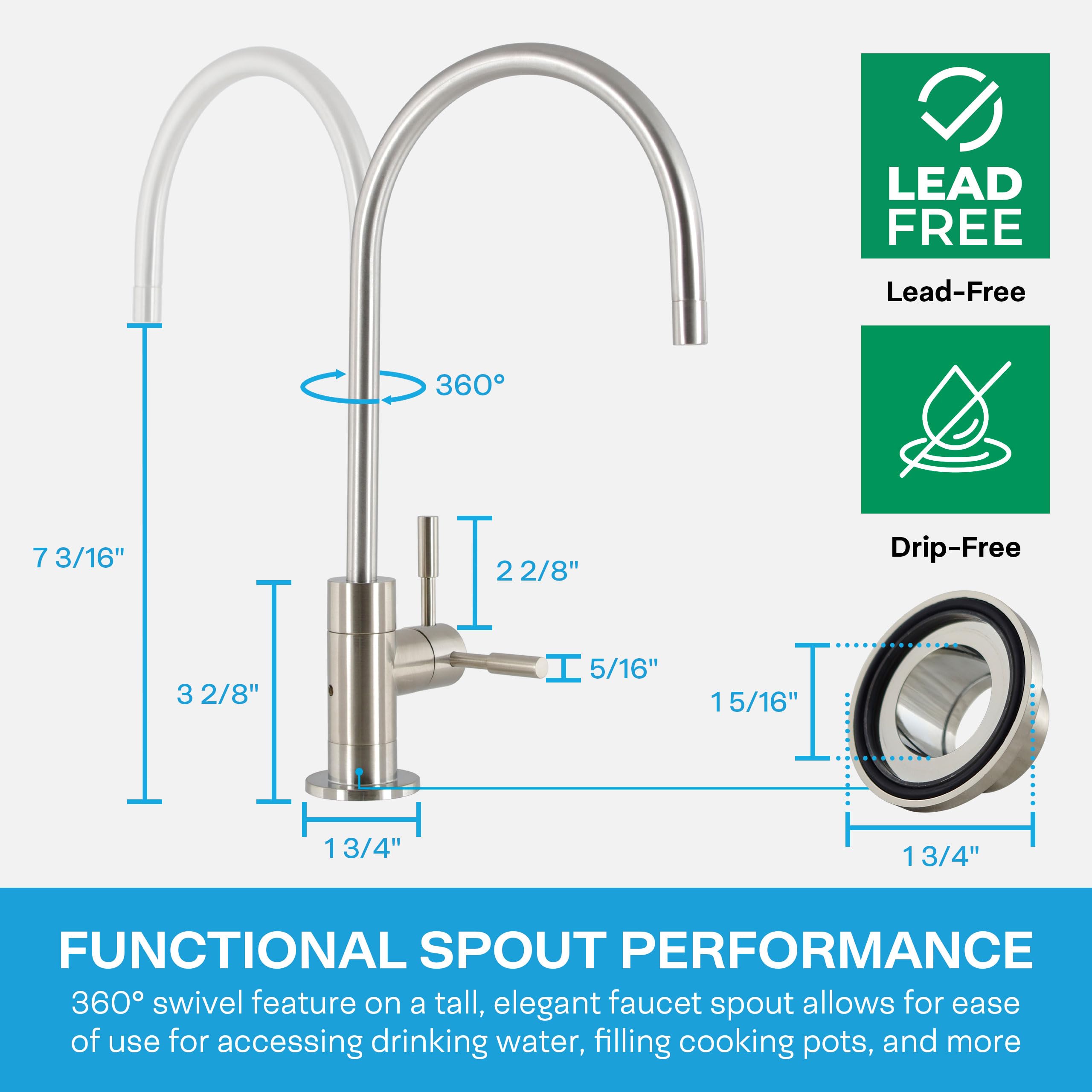 SpiroPure Air Gap RO Faucet, Brushed Nickel/Satin Nickel, Reverse Osmosis Replacement Water Filter Faucet, 3-Line Filtered Faucet, SP-FC210-NK