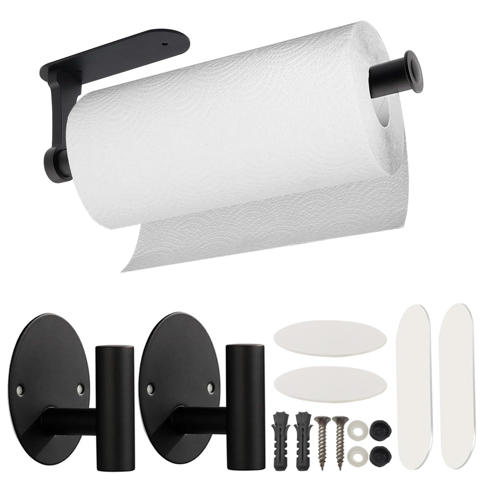 WSZBDY Paper Towel Holder and Wall Hook Set, Wall Mount Paper Roll Holder and Towel Hooks, Self-Adhesive Under Cabinet, Both Available in Adhesive and Screws, for Kitchen and Bathroom