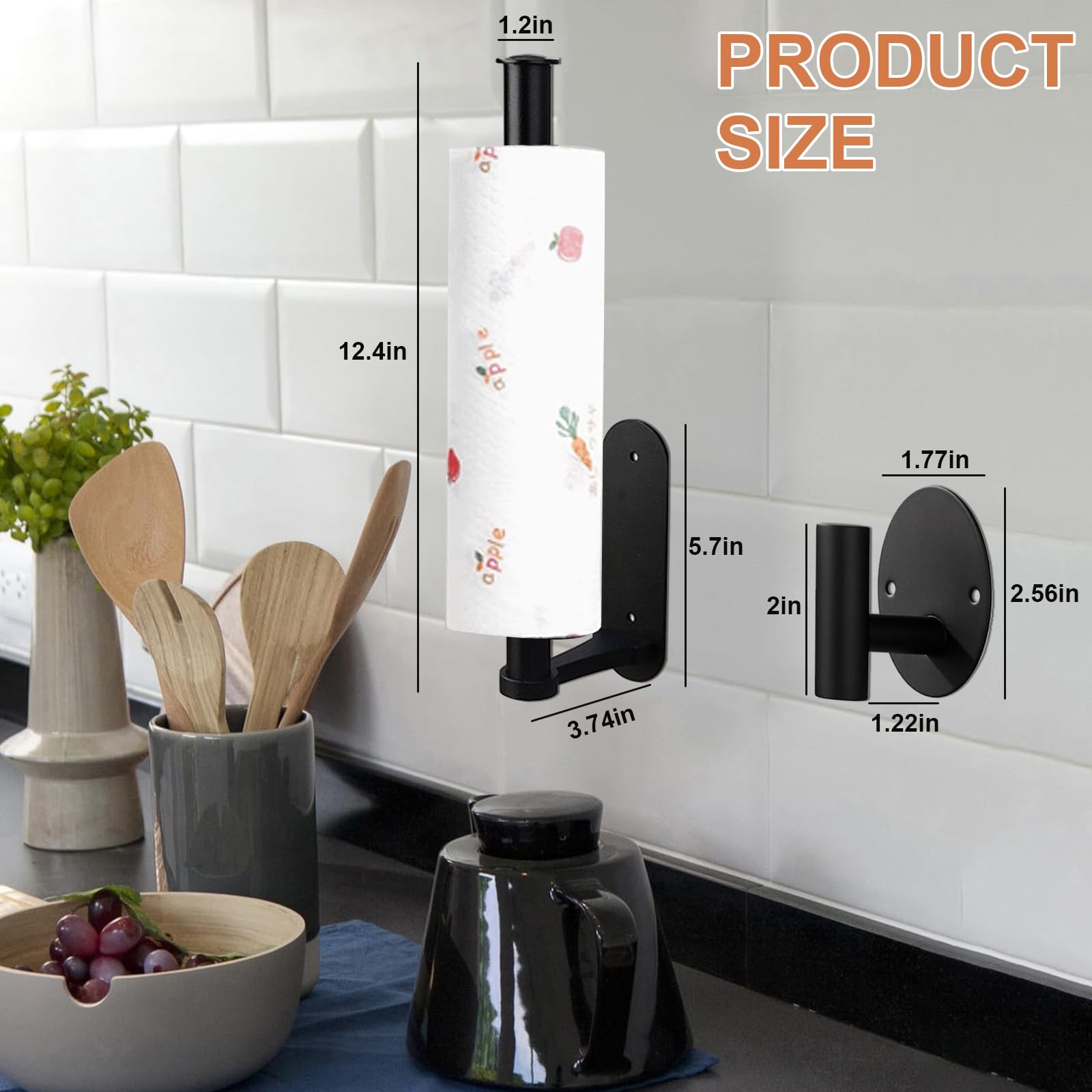 WSZBDY Paper Towel Holder and Wall Hook Set, Wall Mount Paper Roll Holder and Towel Hooks, Self-Adhesive Under Cabinet, Both Available in Adhesive and Screws, for Kitchen and Bathroom