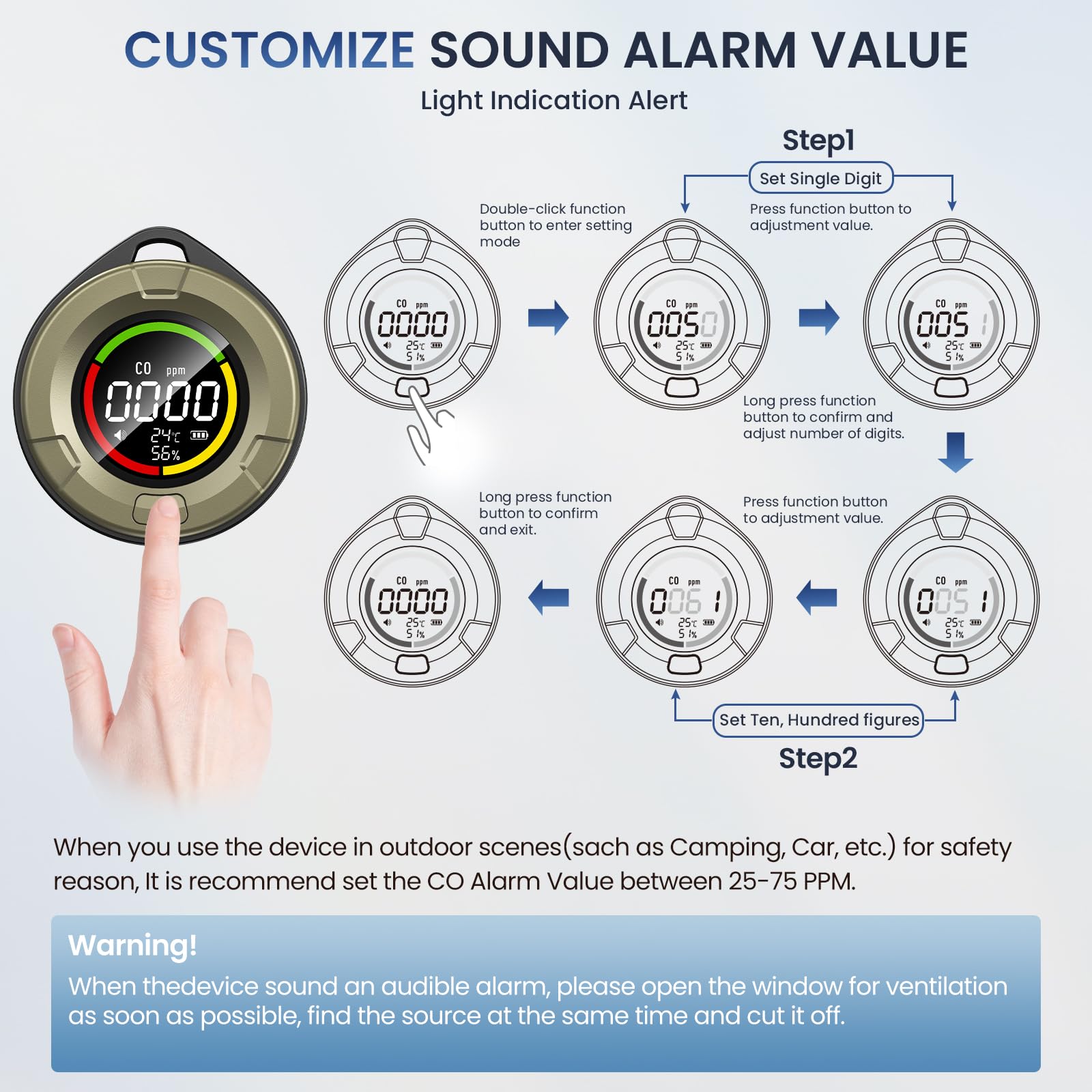 Chtoocy 3 in 1 Portable Carbon Monoxide Detector for Travel, Professional Rechargeable Real-Time Travel CO Monitor 90 H Safe Alert RV CO Detector Camping Air Quality Monitor for Home/Travel