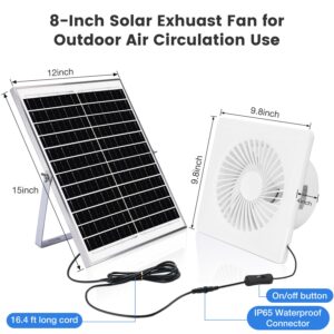 Fanspex Solar Powered Exhaust Fan, 20W Solar Panel 8" Round Vent Fan Kit for Outside Greenhouse Shed Attic Chicken Coop, 36dB Low Noise, Up to 285 CFM