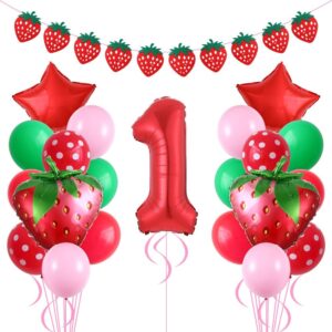 Strawberry Party Decorations Berry First 23PCS Red Pink Balloons with Strawberry and Number 1 Foil Balloons Strawberry Banner for 1st Sweet One Birthday Baby Shower Party Supplies