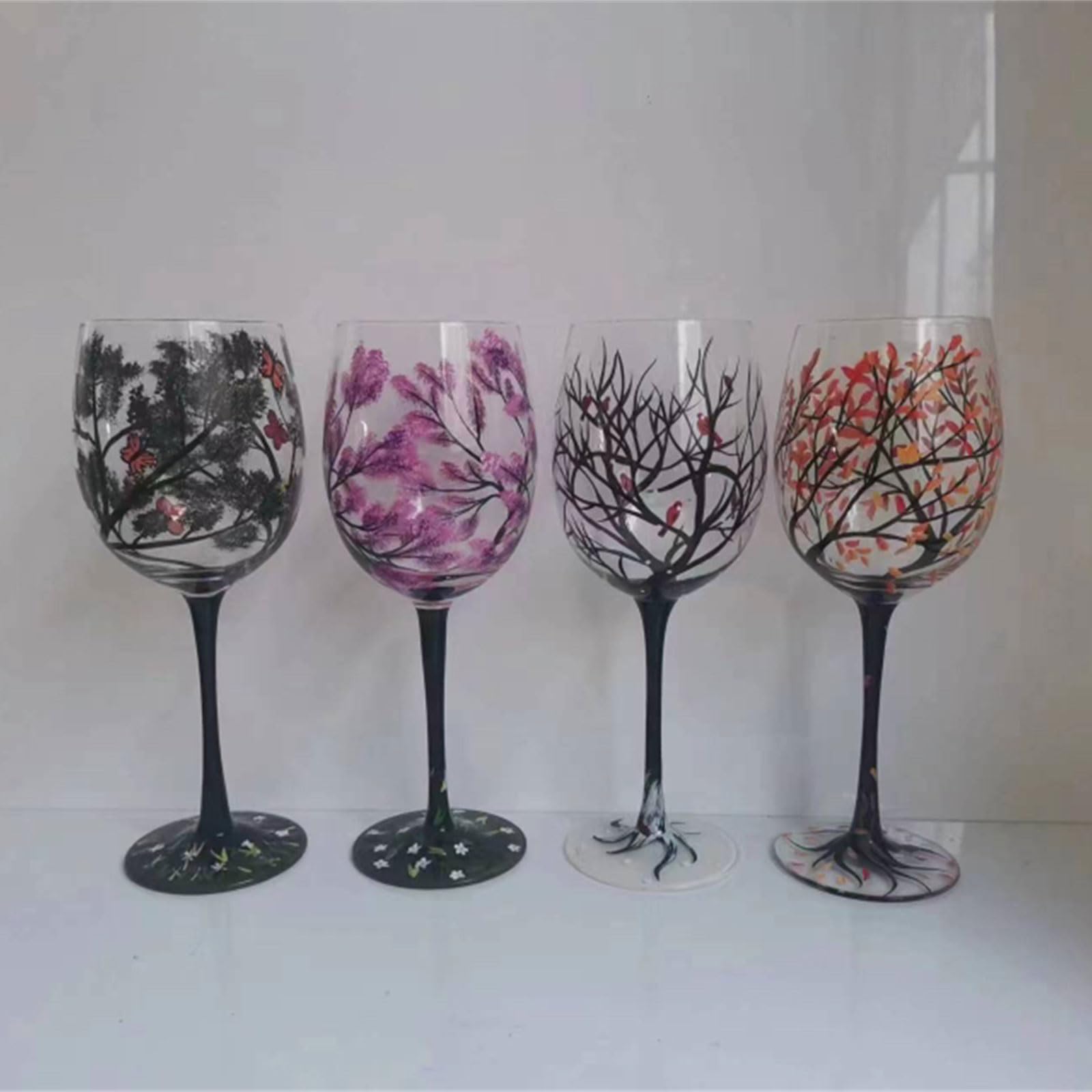 Leimezsty Four Seasons Tree Wine Glass Hand-Painted Art Glassware Unique Glasses Drinkware for Home Office Decorative Gift Cups Elegant Four Seasons Tree Wine Glasses