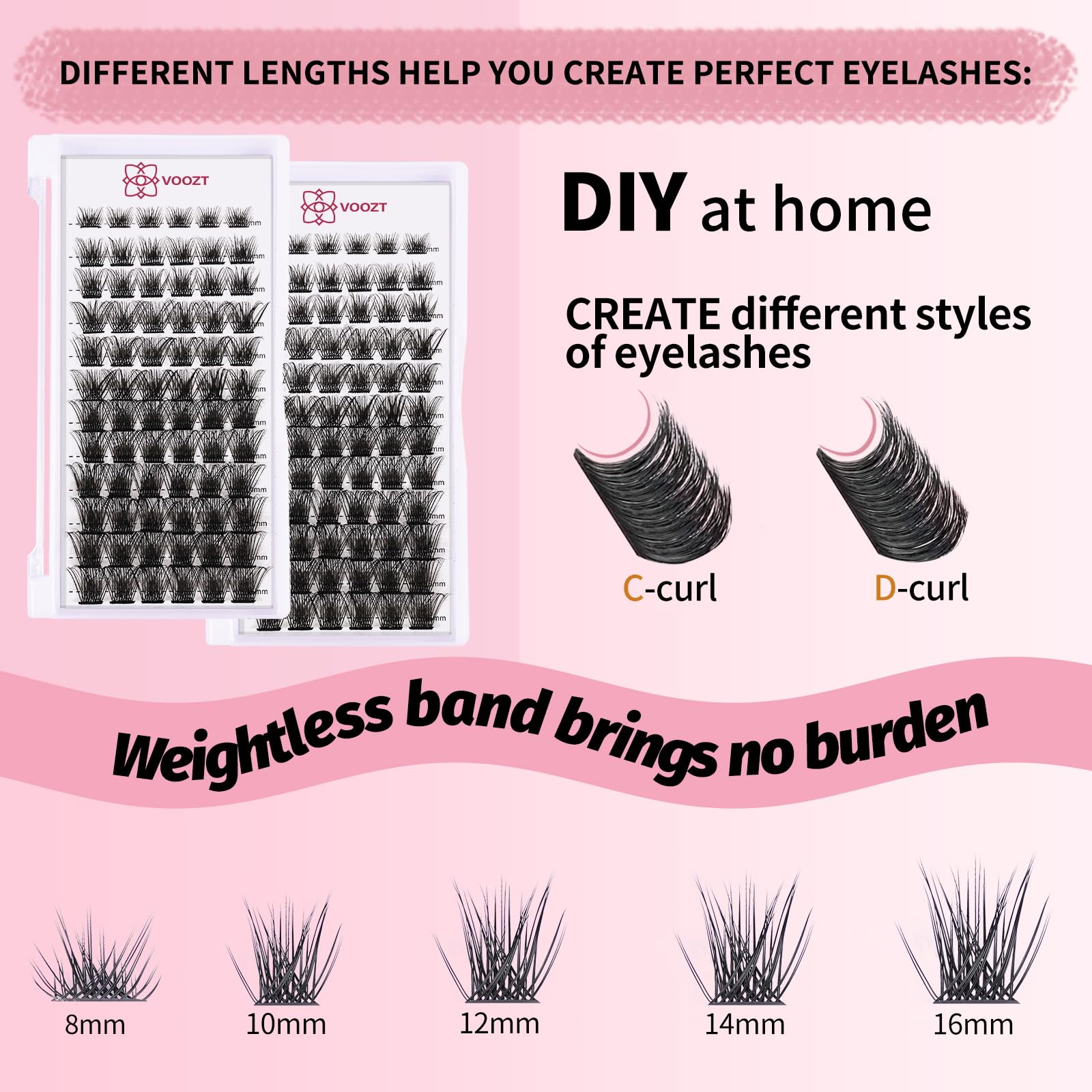 Cluster Lashes 72 Pcs VOOZT Super Strong Cluster Lashes mix8-16mm Thin Band Eyelash Clusters, Individual Cluster Lash, Natural DIY Lash Clusters Easy To Apply DIY at Home Use, V01 D Curl Mix 8-16mm