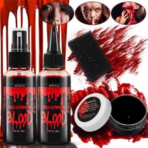 4pcs halloween fake blood makeup kit, [coagulated blood + fake blood spray 60ml + dripping blood 60ml + black stipple sponge], fake blood washable for clothes face sfx wound, vampire