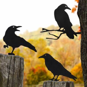 qmetalart raven halloween decor outdoor crow yard art exterior rustic metal black bird mini garden ornament fence topper gothic home decor outdoor gate post sculpture witchy gift