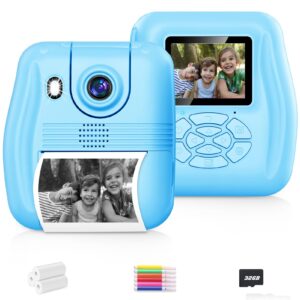 weoluli kids camera instant print, birthday gifts for 3 4 5 6 7 8 9 year old girls boys,digital camera for toddler,toys for kids age 4-8 with 3 rolls print paper,32gb card(blue)