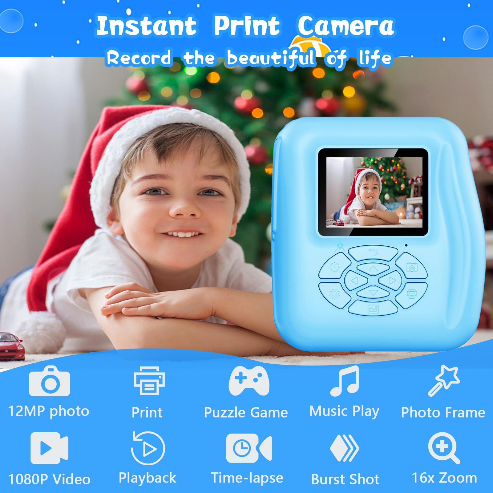 WEOLULI Kids Camera Instant Print, Birthday Gifts for 3 4 5 6 7 8 9 Year Old Girls Boys,Digital Camera for Toddler,Toys for Kids Age 4-8 with 3 Rolls Print Paper,32GB Card(Blue)