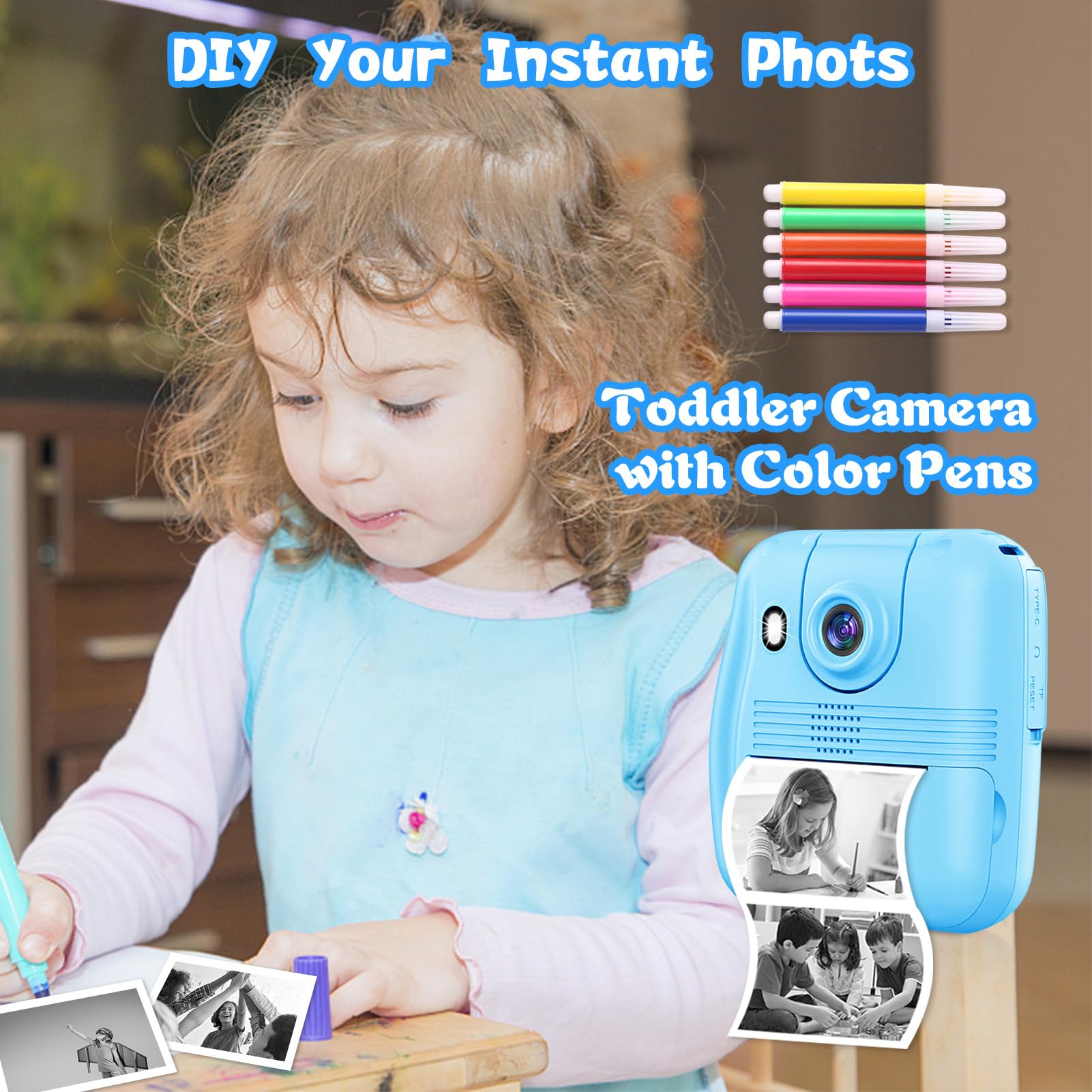 WEOLULI Kids Camera Instant Print, Birthday Gifts for 3 4 5 6 7 8 9 Year Old Girls Boys,Digital Camera for Toddler,Toys for Kids Age 4-8 with 3 Rolls Print Paper,32GB Card(Blue)