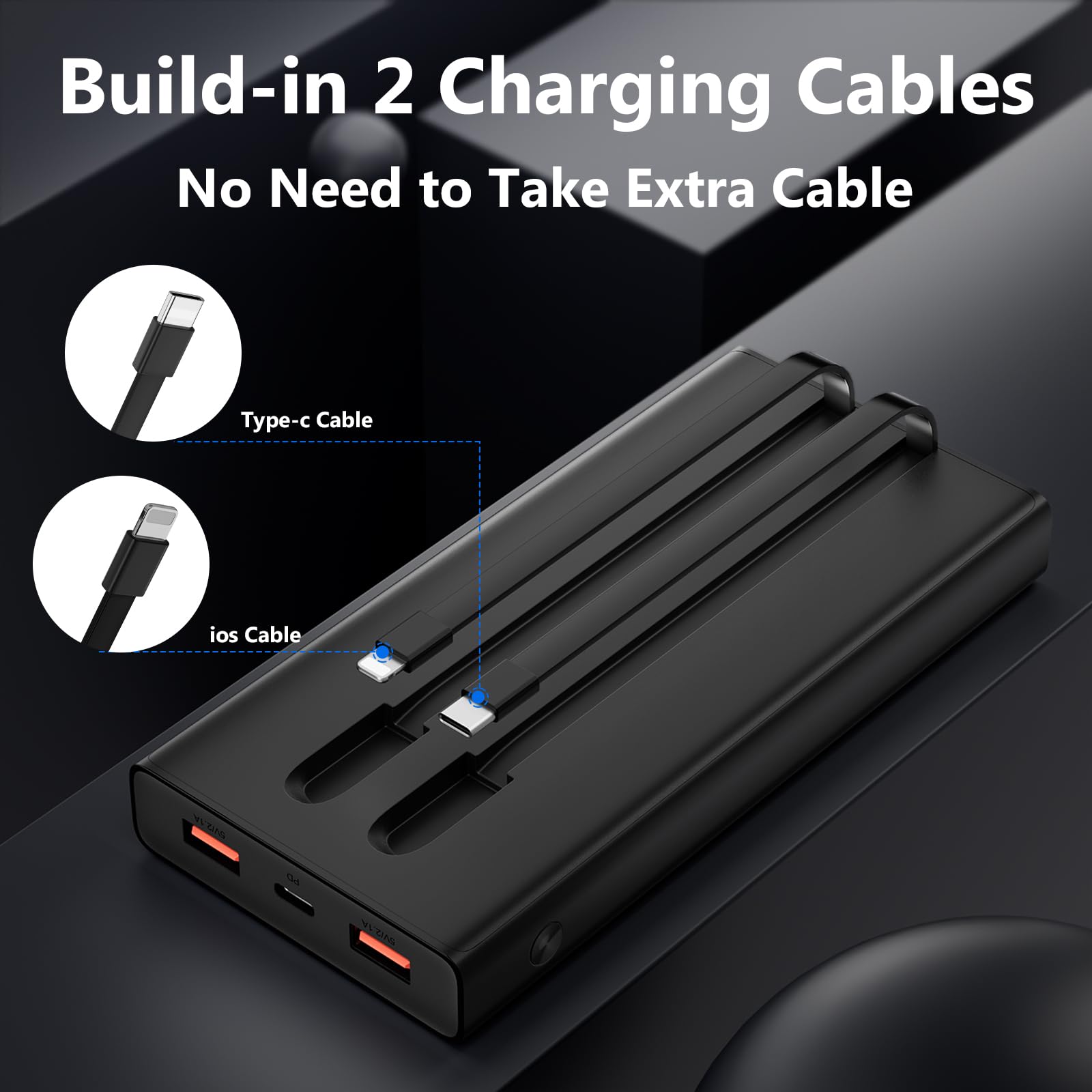 Portable Charger Power Bank with 2 Built in Cables(USB-C and iOS), 13000mAh PD Fast Charging Durable Phone Charger with LED Display, Battery Pack Backup Charger for iPhone, Android,etc - Black(1 Pack)