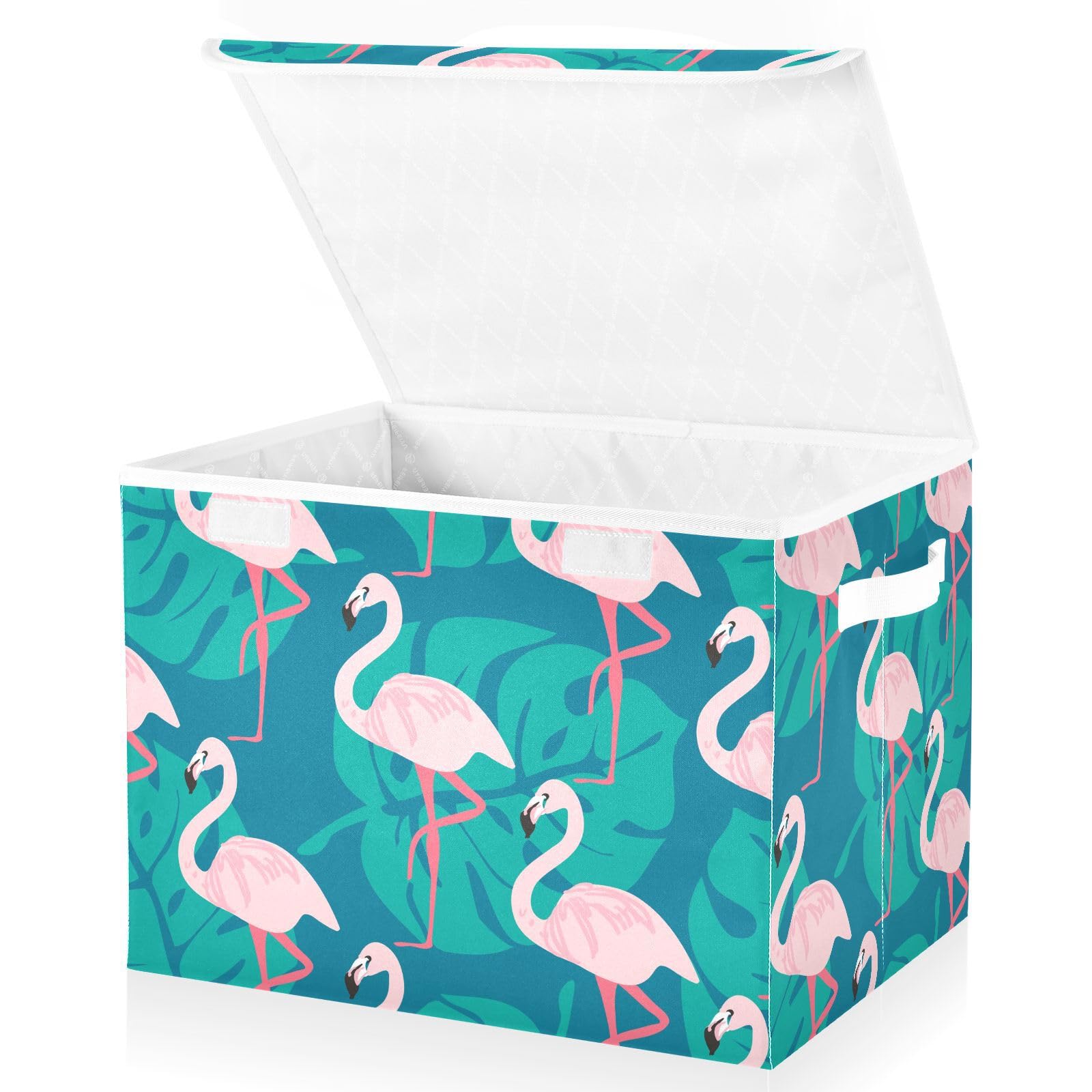 ALAZA Collapsible Large Storage Bin with Lid, Flamingo Palm Leaves Pattern Foldable Storage Cube Box Organizer Basket with Handles, Clothes Blanket Box for Shelves, Closet, Nursery, Playroom