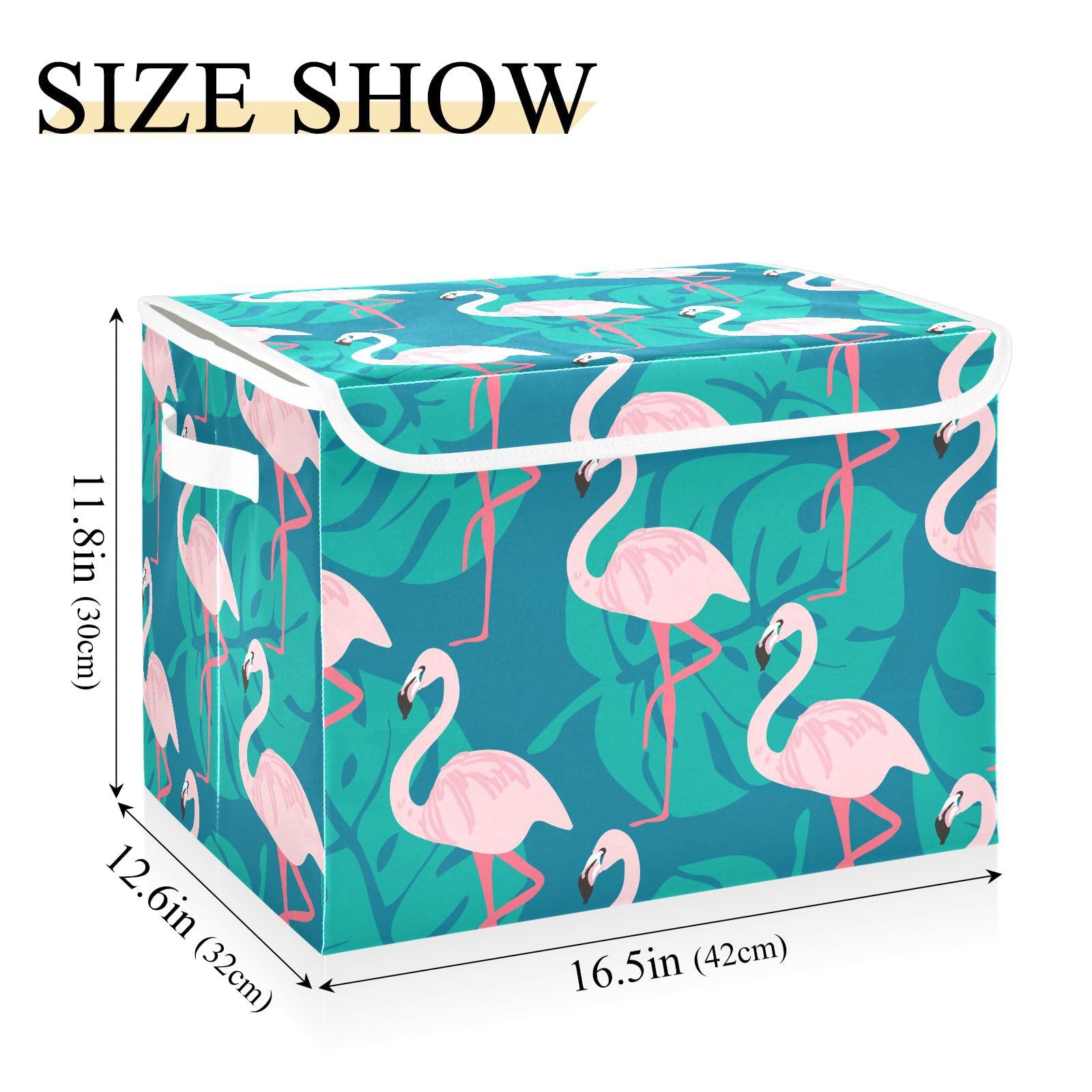 ALAZA Collapsible Large Storage Bin with Lid, Flamingo Palm Leaves Pattern Foldable Storage Cube Box Organizer Basket with Handles, Clothes Blanket Box for Shelves, Closet, Nursery, Playroom