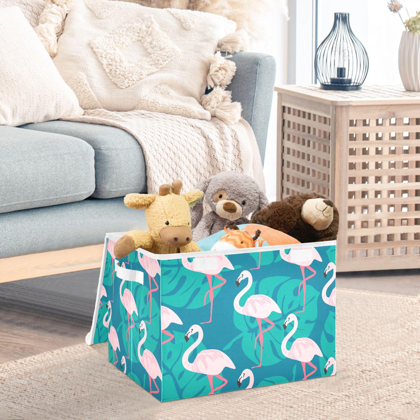 ALAZA Collapsible Large Storage Bin with Lid, Flamingo Palm Leaves Pattern Foldable Storage Cube Box Organizer Basket with Handles, Clothes Blanket Box for Shelves, Closet, Nursery, Playroom