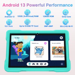 2024 Kids Tablet, 10 inch Android 13 Tablets for Kid Toddler 12GB+128GB 6000mAh Tablet with Shockproof Case, 5G WiFi, Kids Space Parental Control, 1280x800 HD Touchscreen, Bluetooth,Dual Camera -Green