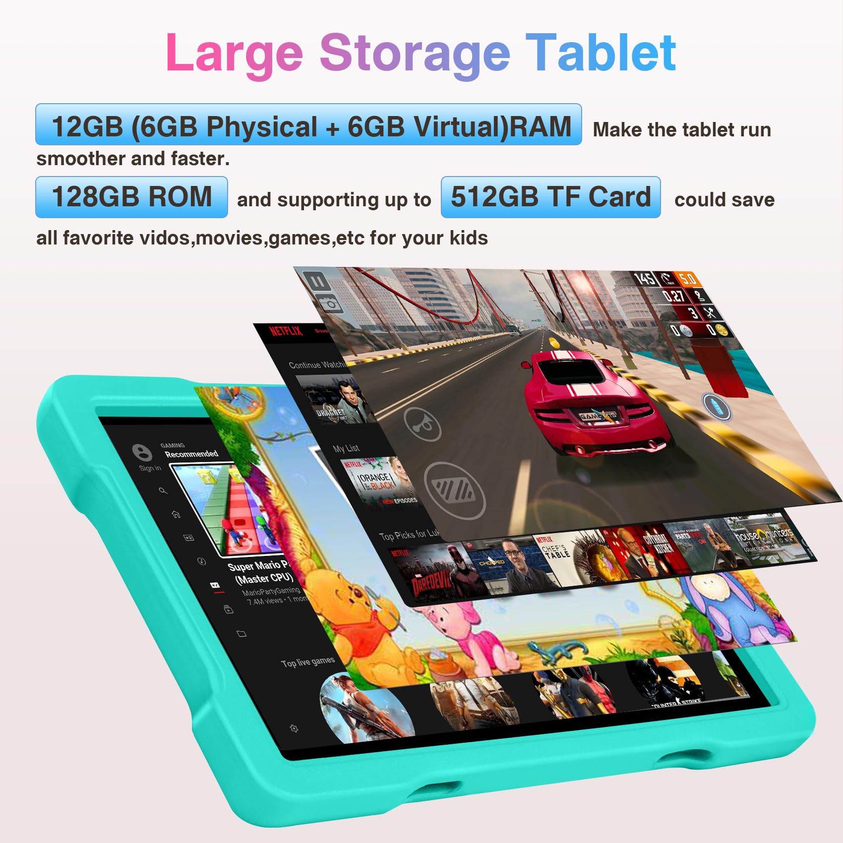 2024 Kids Tablet, 10 inch Android 13 Tablets for Kid Toddler 12GB+128GB 6000mAh Tablet with Shockproof Case, 5G WiFi, Kids Space Parental Control, 1280x800 HD Touchscreen, Bluetooth,Dual Camera -Green