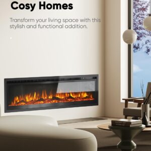 50" Electric Fireplace Inserts and Wall Mounts with Remote Controls 12 Realistic 3D Flame Colors, 750/1500 W Heater, Adjustable Temperature 62F to 82F, Low Noise, 8 Hour Timer, Log and Crystals