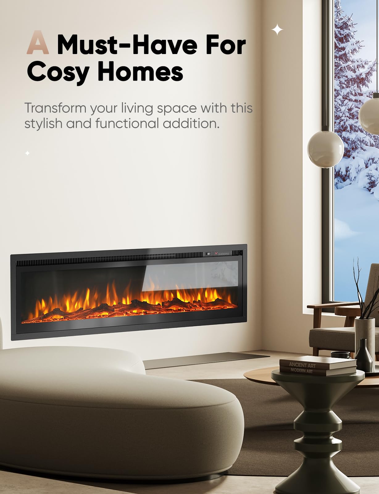 50" Electric Fireplace Inserts and Wall Mounts with Remote Controls 12 Realistic 3D Flame Colors, 750/1500 W Heater, Adjustable Temperature 62F to 82F, Low Noise, 8 Hour Timer, Log and Crystals