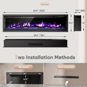 50" Electric Fireplace Inserts and Wall Mounts with Remote Controls 12 Realistic 3D Flame Colors, 750/1500 W Heater, Adjustable Temperature 62F to 82F, Low Noise, 8 Hour Timer, Log and Crystals