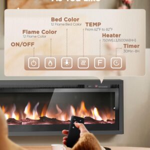 50" Electric Fireplace Inserts and Wall Mounts with Remote Controls 12 Realistic 3D Flame Colors, 750/1500 W Heater, Adjustable Temperature 62F to 82F, Low Noise, 8 Hour Timer, Log and Crystals