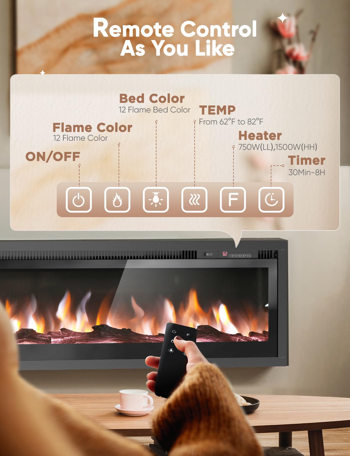 50" Electric Fireplace Inserts and Wall Mounts with Remote Controls 12 Realistic 3D Flame Colors, 750/1500 W Heater, Adjustable Temperature 62F to 82F, Low Noise, 8 Hour Timer, Log and Crystals