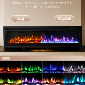 50" Electric Fireplace Inserts and Wall Mounts with Remote Controls 12 Realistic 3D Flame Colors, 750/1500 W Heater, Adjustable Temperature 62F to 82F, Low Noise, 8 Hour Timer, Log and Crystals