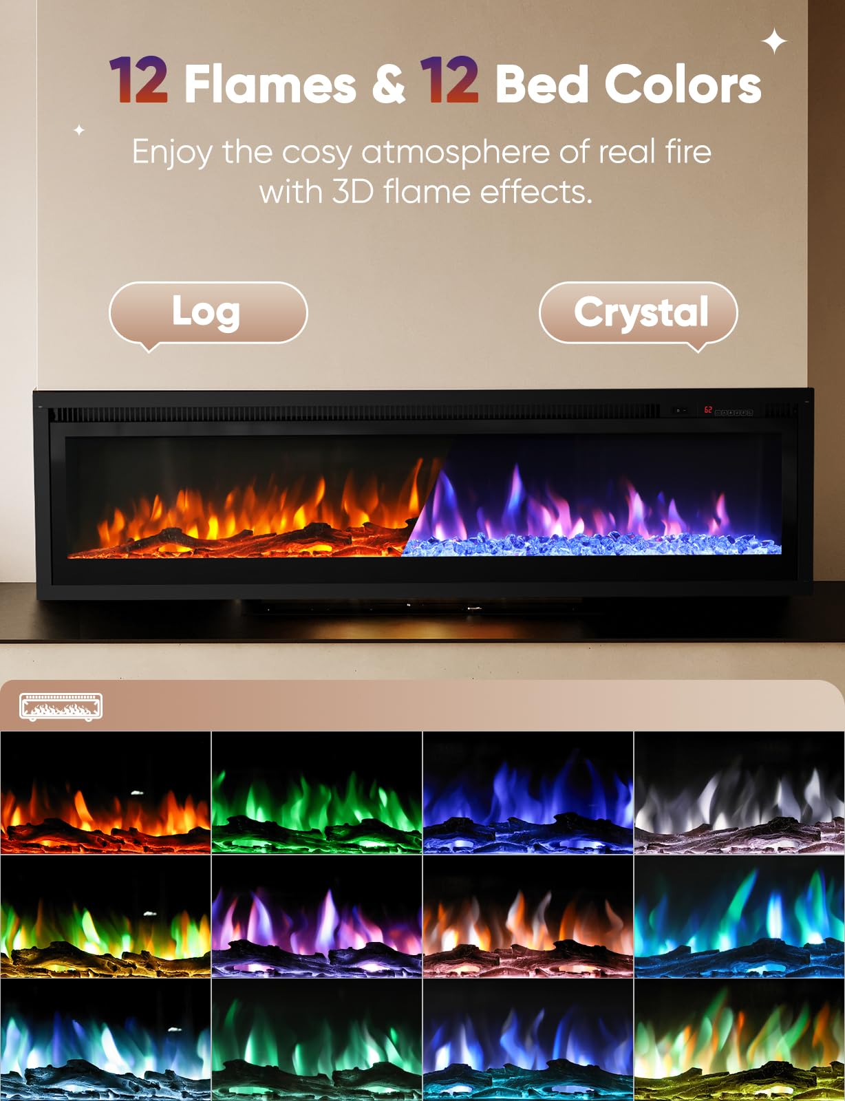 50" Electric Fireplace Inserts and Wall Mounts with Remote Controls 12 Realistic 3D Flame Colors, 750/1500 W Heater, Adjustable Temperature 62F to 82F, Low Noise, 8 Hour Timer, Log and Crystals