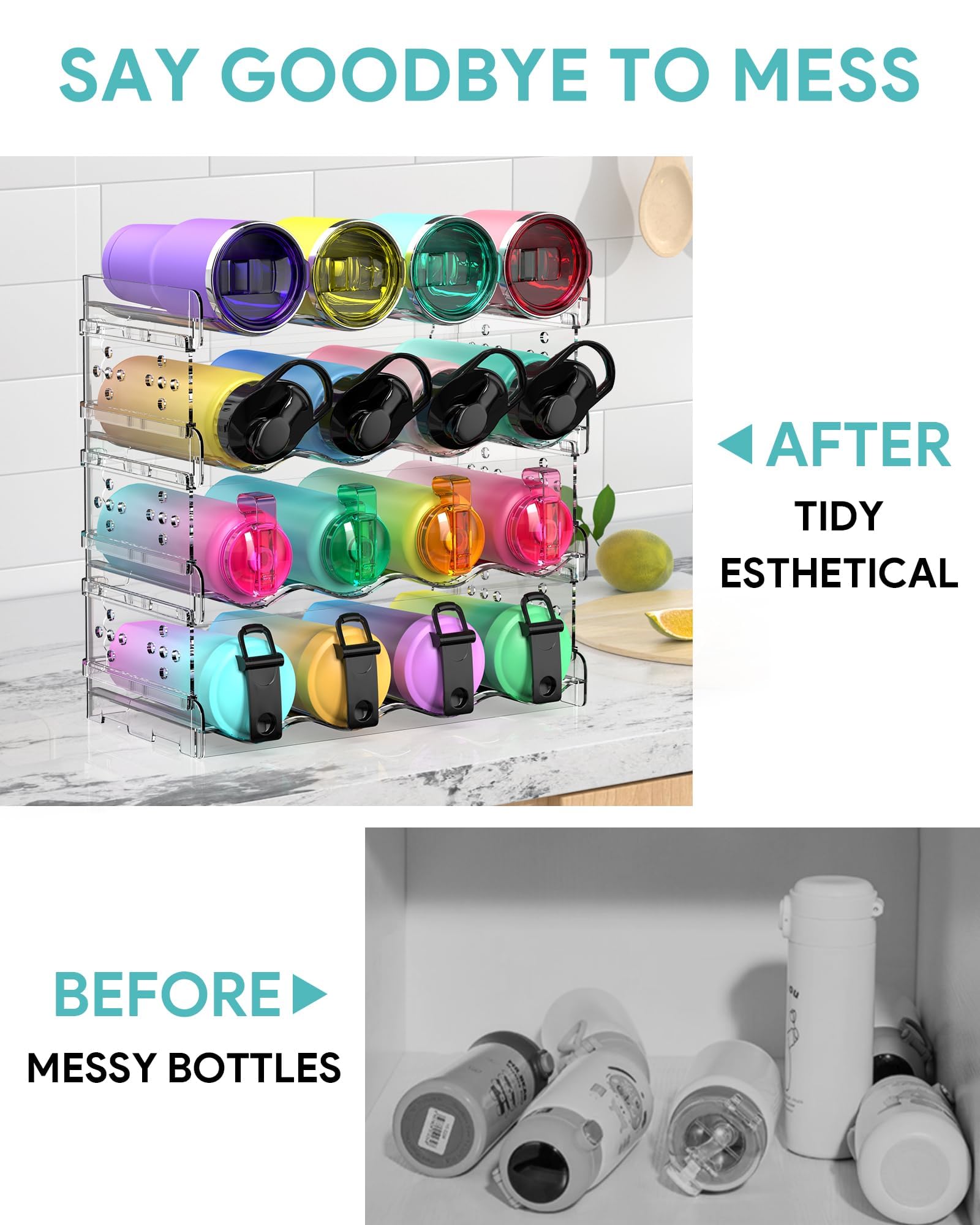 4 Tier Water Bottle Organizer - 16 Bottles, Stackable Cup Organizer for Cabinet, Countertop, Pantry & Fridge, Free-Standing Kitchen Tumbler Storage Holder for Wine and Drink Bottles, Clear Plastic