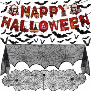 halloween decorations indoor set, 52pcs halloween party decorations, halloween 3d bats & spiderweb table runner & cobweb fireplace mantel scarf & spooky happy halloween banner for home indoor decor
