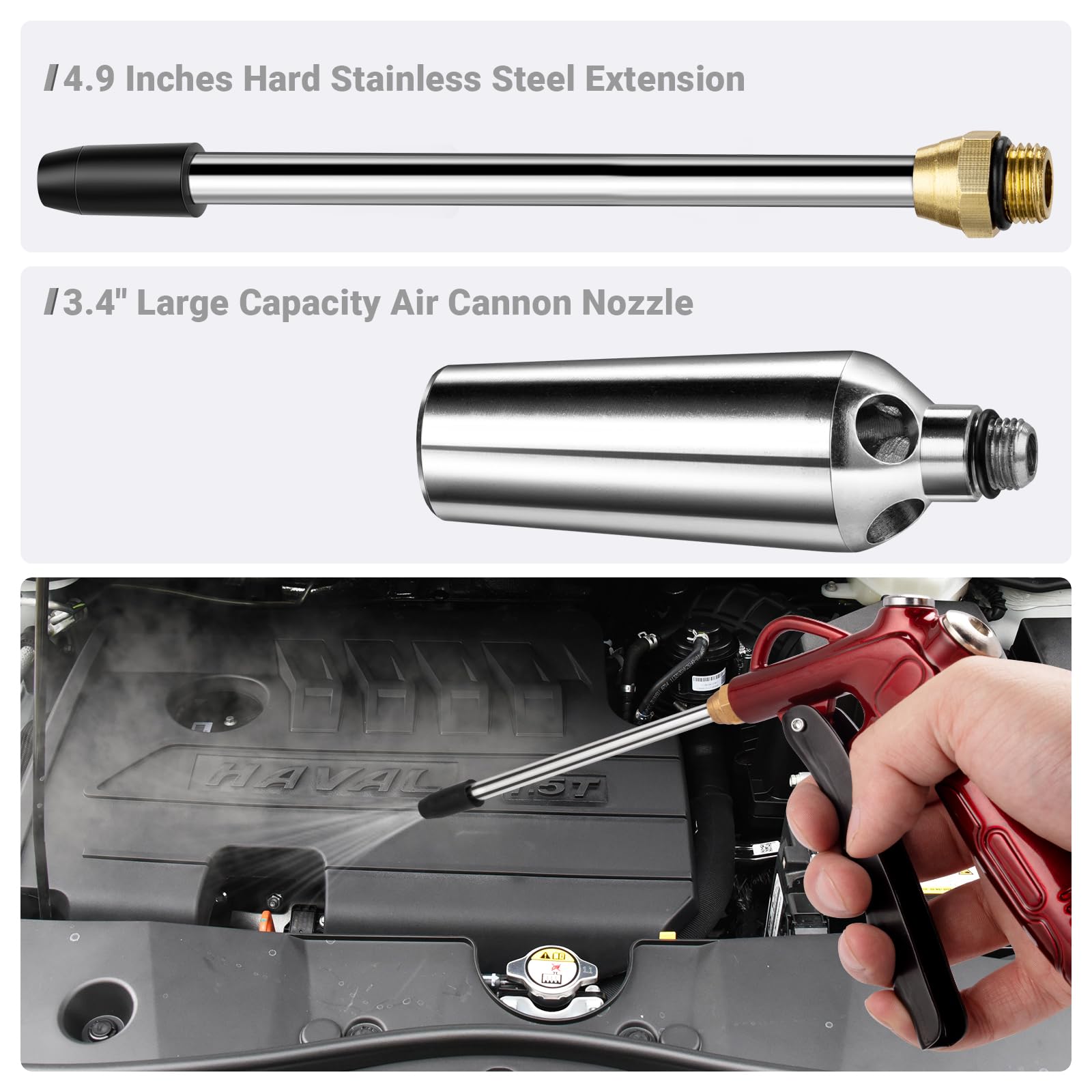 Heavy-Duty Air Blow Gun with Powerful Flow Nozzle, High Volume Air Nozzle Blower Gun with Stainless Steel Extension & 1/4'' Standard Quick Plug, Pneumatic Dust Clean Tool for Air Compressor Accessory