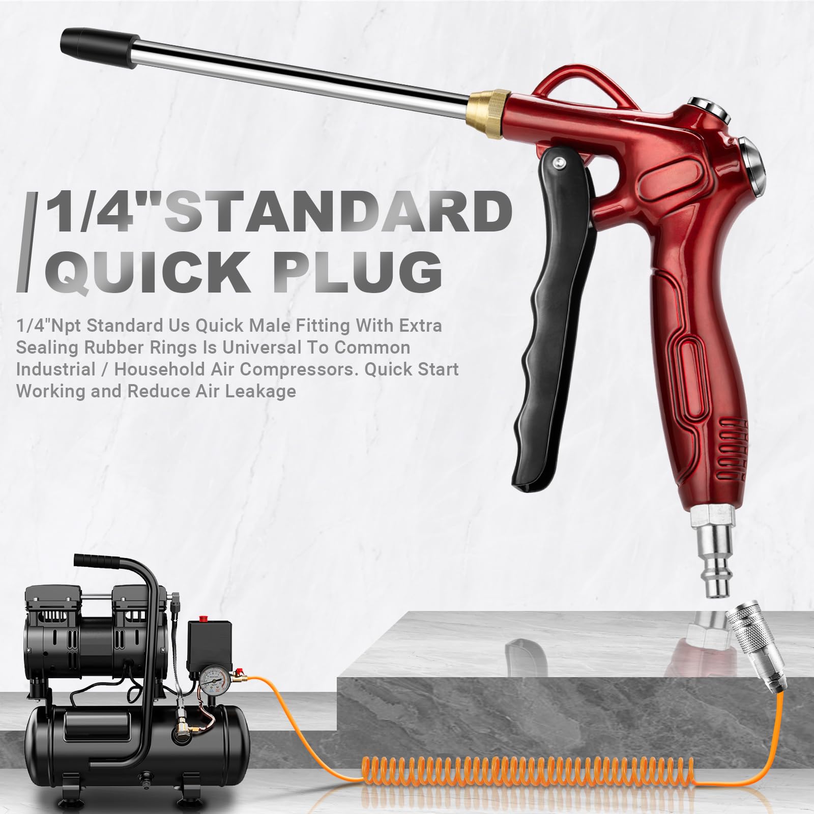 Heavy-Duty Air Blow Gun with Powerful Flow Nozzle, High Volume Air Nozzle Blower Gun with Stainless Steel Extension & 1/4'' Standard Quick Plug, Pneumatic Dust Clean Tool for Air Compressor Accessory