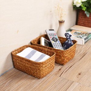 Luxshiny Storage Bins Seagrass Wicker Baskets Basket Hand Woven Storage Bin Rattan Shelf Baskets Key Bowl for Desktop Case Sugar Packet Sundries Holder Random Color M