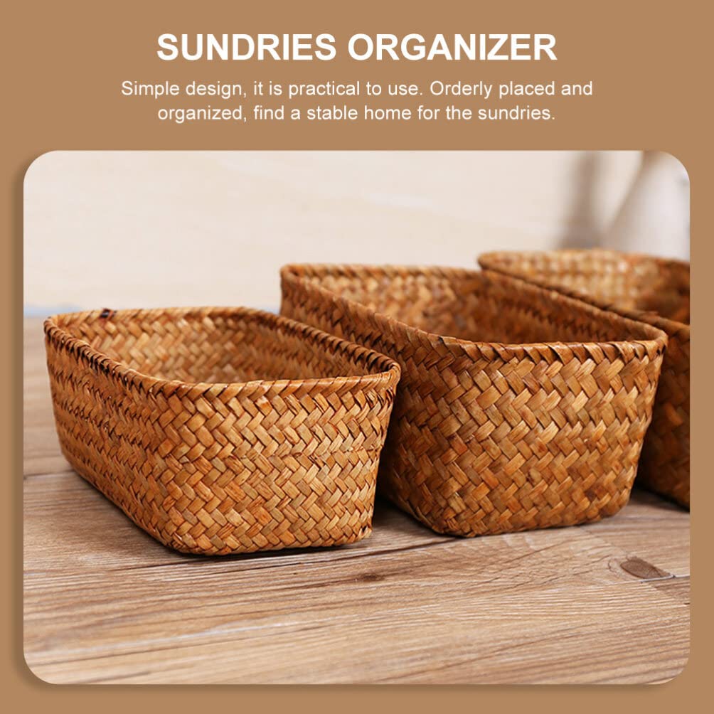 Luxshiny Storage Bins Seagrass Wicker Baskets Basket Hand Woven Storage Bin Rattan Shelf Baskets Key Bowl for Desktop Case Sugar Packet Sundries Holder Random Color M