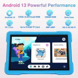 2024 Kids Tablet, 10 inch Android 13 Tablets for Kid Toddler 12GB+128GB 6000mAh Tablet with Shockproof Case, 5G WiFi, Kids Space Parental Control, 1280x800 HD Touchscreen, Bluetooth,Dual Camera -Blue
