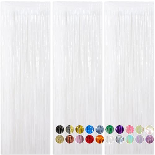 RUBFAC 3pcs 3.3x8.2 Feet White Fringe Backdrop Curtains,Tinsel Streamers Birthday Party Decorations,Fringe Backdrop for Birthday Girl Princess Bachelorette Party Decor