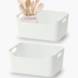 AJbells White Pantry Organization and Storage Baskets Plastic Storage Bins Open Storage Organizing Bins for Classroom, Office, School, Shelves,Pack of 2/4/6 (2, 13.39”x9.45”x5.51”)