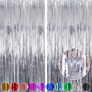 fringe curtains party decorations, tinsel streamers birthday party decorations, fringe backdrop for graduation, baby shower, gender reveal, disco party (2 pack, silver)