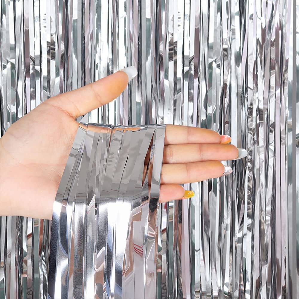 Fringe Curtains Party Decorations, Tinsel Streamers Birthday Party Decorations, Fringe Backdrop for Graduation, Baby Shower, Gender Reveal, Disco Party (2 Pack, Silver)