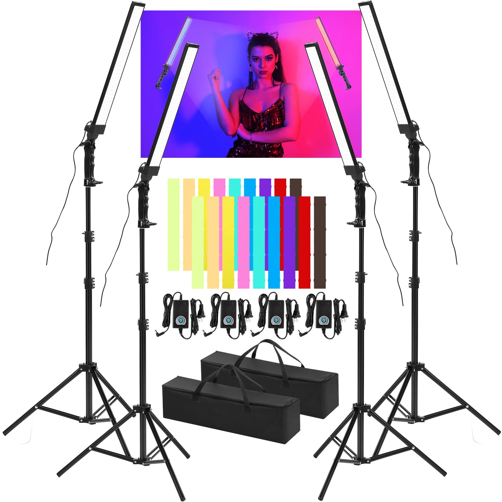 Kanayu 4 Pack LED Video Lighting Stick Wand Kit, Adjustable Photography Lights with 22-63 Tripod 9 Color Filters 5500K 90 Bead Photoshoot Fill Lights Portable Studio Lights for Live Streaming CRI 80+