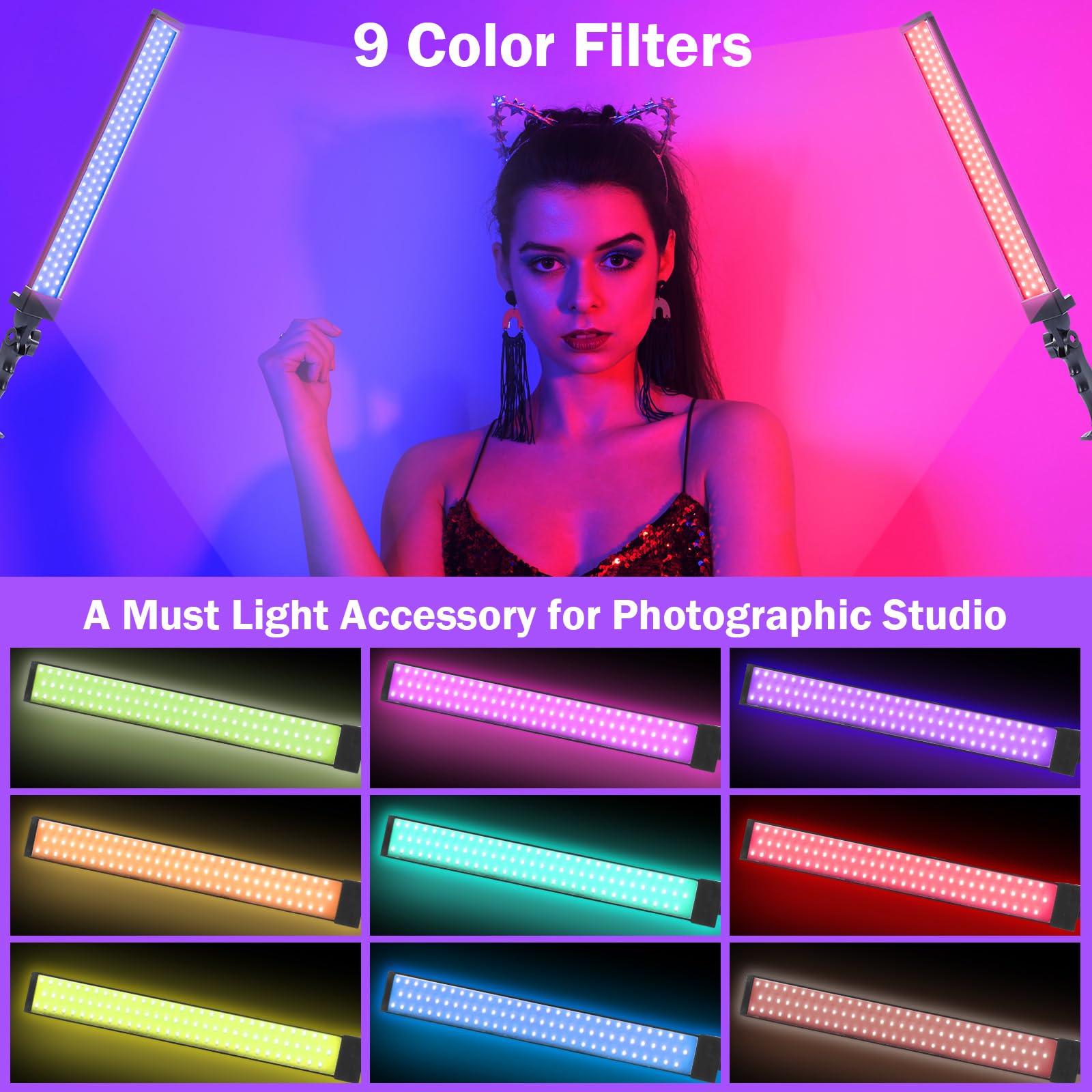 Kanayu 4 Pack LED Video Lighting Stick Wand Kit, Adjustable Photography Lights with 22-63 Tripod 9 Color Filters 5500K 90 Bead Photoshoot Fill Lights Portable Studio Lights for Live Streaming CRI 80+