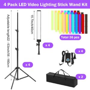 Kanayu 4 Pack LED Video Lighting Stick Wand Kit, Adjustable Photography Lights with 22-63 Tripod 9 Color Filters 5500K 90 Bead Photoshoot Fill Lights Portable Studio Lights for Live Streaming CRI 80+