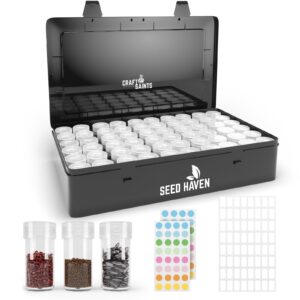 seed storage box, opaque light proof seed organizer storage box with 60 transparent bottles & labels, seed storage organizer, seed box, seed storage box, seed packet organizer, seed container