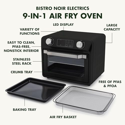 GreenPan Bistro Matte Black 9-in-1 Air Fry Oven, Nonstick Baking Pan, Stainless Steel Rack, and Basket, Fast Heating, Multifunction Presets, Cool-Touch Handle, PFAS-Free, Easy Cleanup Crumb Tray