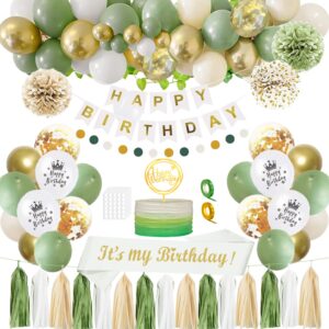 sage green birthday decorations, olive green and white gold party balloons, happy birthday banner, sash, circle dots garland, pompoms, paper tassels for women men girls boys birthday decor