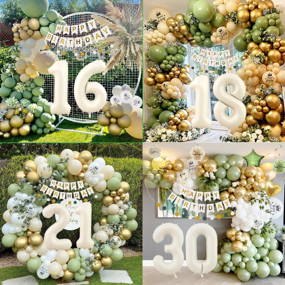 Sage Green Birthday Decorations, Olive Green and White Gold Party Balloons, Happy Birthday Banner, Sash, Circle Dots Garland, Pompoms, Paper Tassels for Women Men Girls Boys Birthday Decor