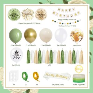 Sage Green Birthday Decorations, Olive Green and White Gold Party Balloons, Happy Birthday Banner, Sash, Circle Dots Garland, Pompoms, Paper Tassels for Women Men Girls Boys Birthday Decor