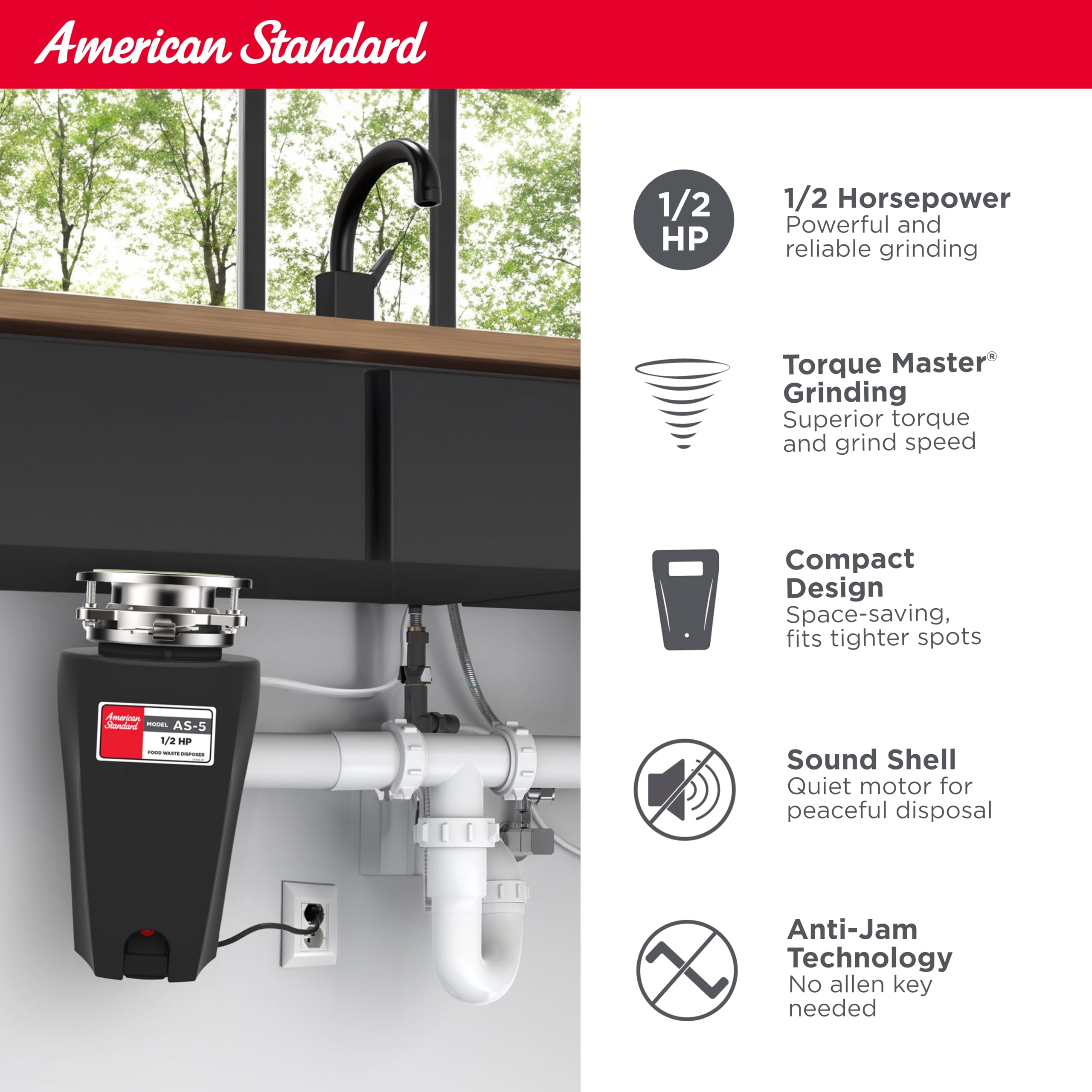 American Standard 10-US-AS-5 Garbage Disposer, 1/2 HP Economy, Black