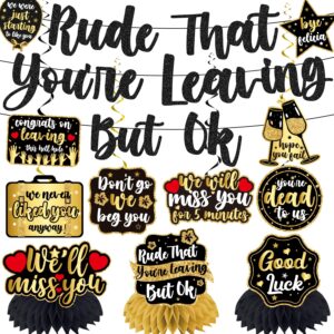 rude that you're leaving but ok banner hanging swirls centerpieces, going away party decorations for coworker farewell decorations party, gold glitter coworker leaving decorations, retirement party