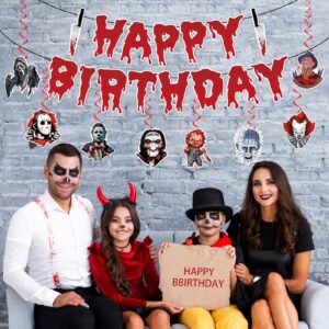 Horror Birthday Decorations，Horror Movie Halloween Decorations Includes 1Pc Happy Birthday Banner and 8Pcs Horror Movie Party Decorations Hanging Swirls, Horror Movie Birthday Decorations for