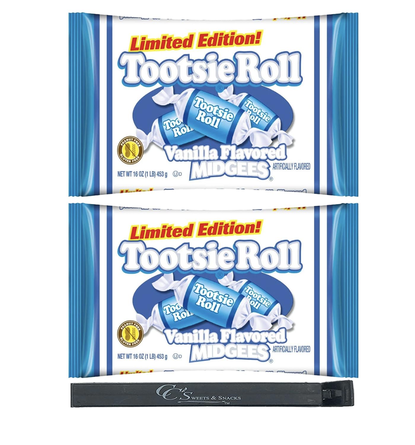 Vanilla Tootsie Rolls Midgees Candy Limited Edition 16 Oz (2 Pack) w/CC's Sweets & Snacks Bag Clip