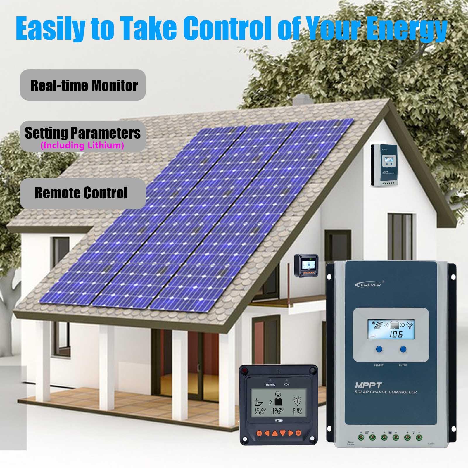 EPEVER 40A MPPT Solar Charge Controller with Tempreture Sensor MT50 Remote Meter 12V 24V Auto Indentify Apply for Lead Acid Lithium LiFePO4 (Tracer4210AN+MT50+Tempreture Sensor)